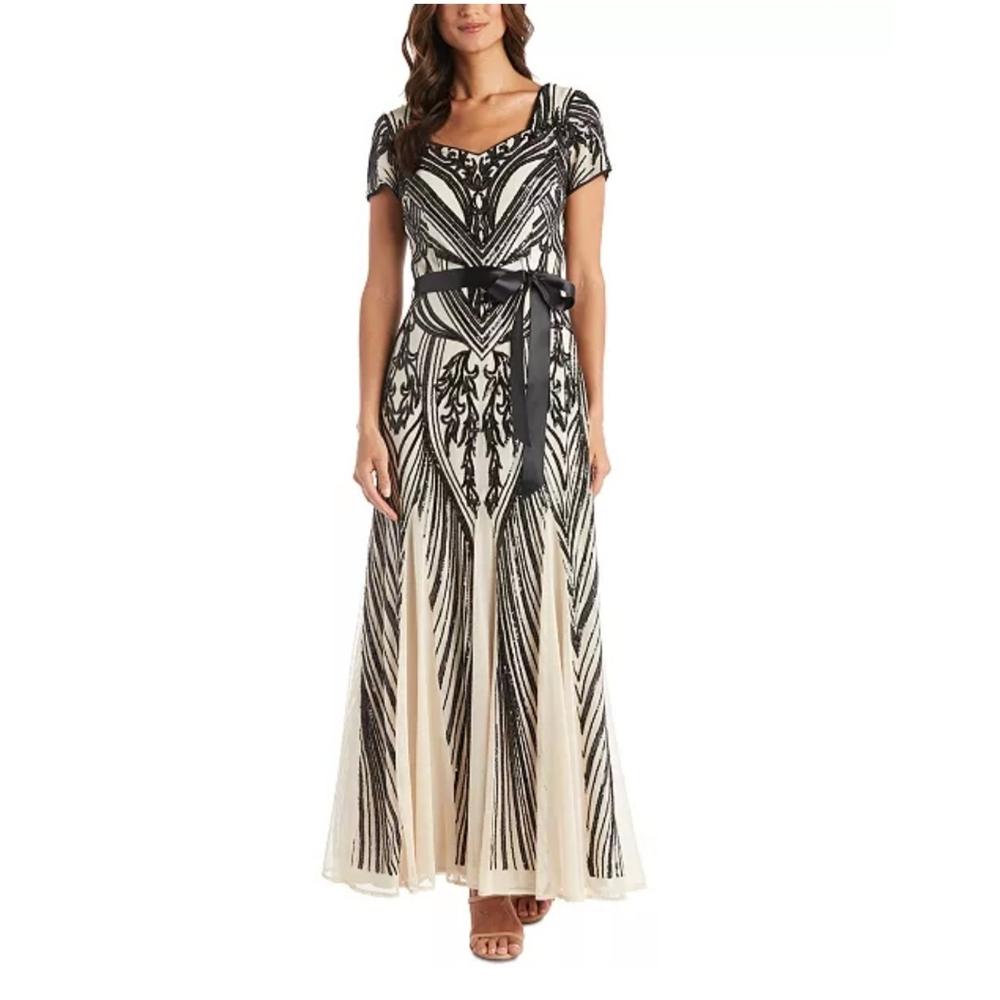 R&M Richards Black and Cream Embellished Maxi Dress, Size 16 - NEW WITH TAGS